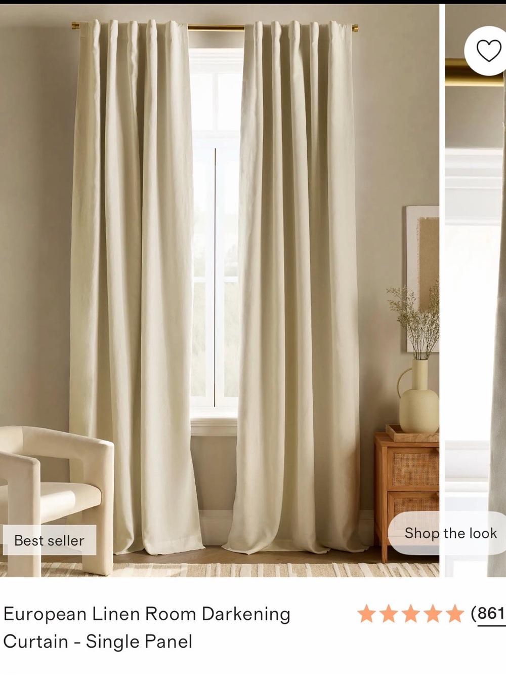 Quince European linen room darkening Curtain panel ivory 48x108